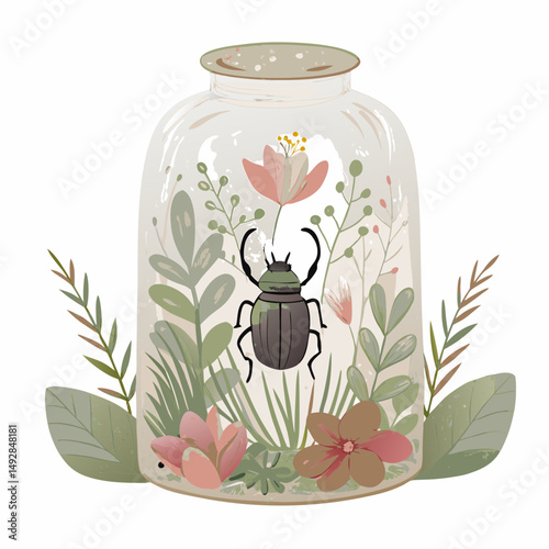 Enchanting Nature in a Jar: A Decorative Beetle Amidst Delicate Flowers and Lush Greenery Illustrating Serenity and Imprisoned Beauty in a Whimsical Glass World