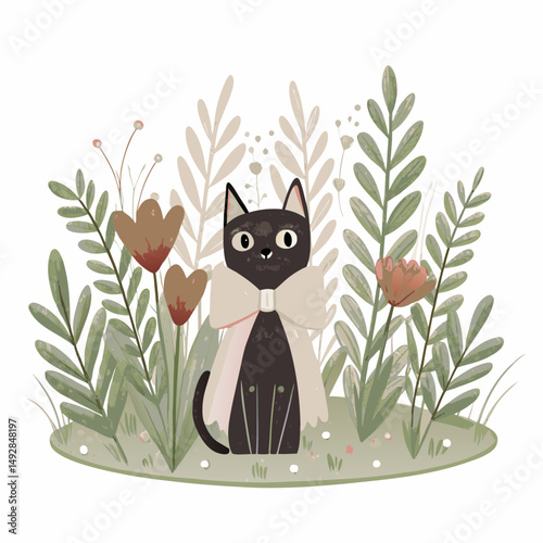 Charming Black Cat with a Large Bow Sitting Amidst Lush Greenery and Delicate Flowers, Capturing a Whimsical Scene of Nature and Elegance