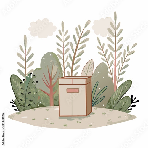 Whimsical Nature-Inspired Parcel Delivery Box Surrounded by Lush Foliage, Embracing Eco-Friendly and Sustainable Packaging in a Serene Outdoor Setting.