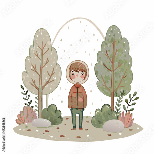 Whimsical Illustration of a Child in a Rainy Forest with Cozy Winter Jacket and Enchanting Trees, Capturing a Serene Moment of Childhood Adventure and Nature’s Beauty