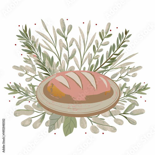 Freshly Baked Artisan Bread on a Plate Surrounded by Lush Greenery and Delicate Red Berries, Symbolizing Wholesome Rustic Culinary Traditions and the Beauty of Nature