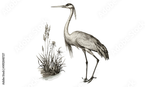 Crane Engraving in Wetlands, Monochrome Bird Line Art, Antique Ornithology Print, Detailed Wildlife Sketch, Rustic Fauna Illustration