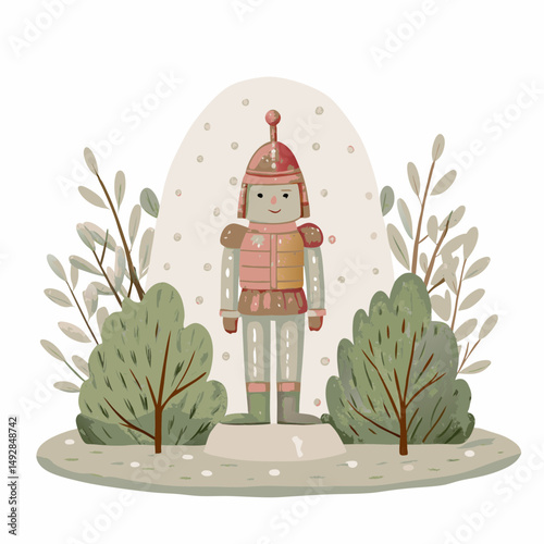 Whimsical Toy Soldier in a Fantasy Forest Setting Surrounded by Lush Greenery and Soft Snowflakes Conveying a Sense of Childhood Magic and Enchantment