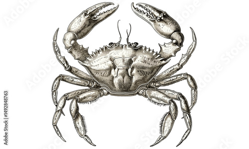 Vintage black sketch of crab with claws raised, antique engraving style, marine invertebrate illustration, ocean wildlife sketch, hand-drawn crustacean print