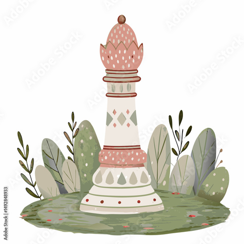 Whimsical Chess Piece Amid Lush Foliage in a Serene Garden Setting, Symbolizing Strategy and Growth with a Playful Artistic Flair