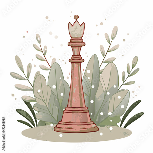 A rustic wooden chess queen stands elegantly amidst watercolor-style foliage and subtle falling dots, symbolizing strategic mastery intertwined with natural serenity.