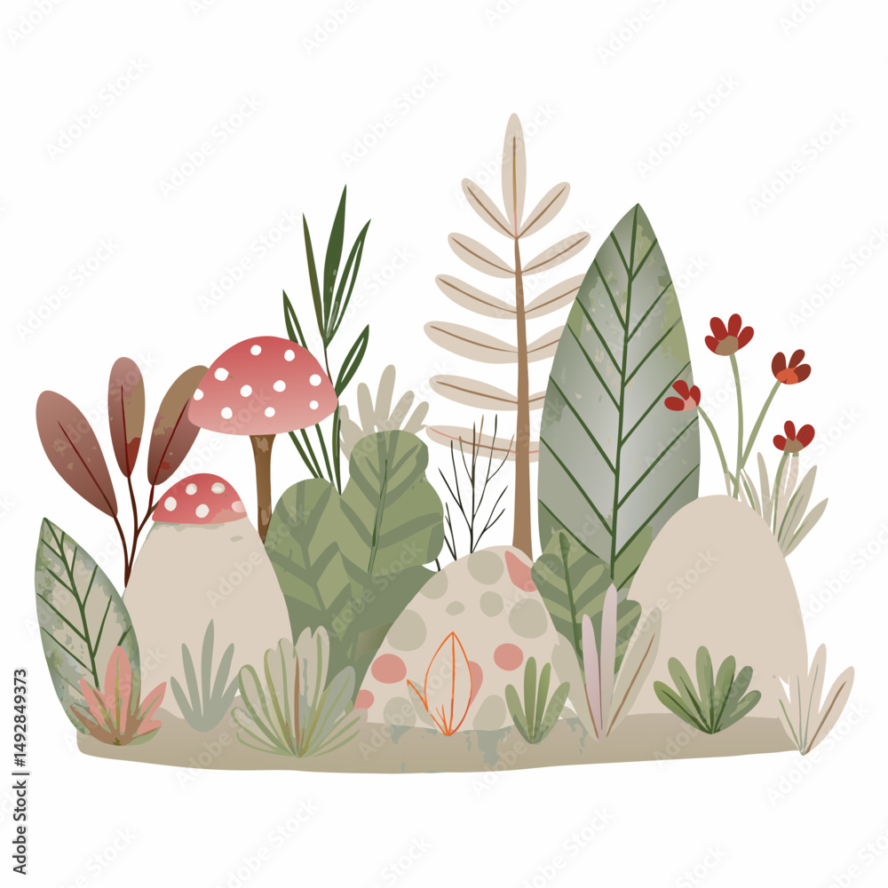 Whimsical Nature Scene with Mushrooms and Lush Foliage in Soft Earth Tones Creating a Dreamlike Forest Setting with Leaves and Plants Highlighted in Subtle Colors Whimsical Nature Scene with Mushrooms and Lush Foliage in Soft Earth Tones Creating a Dreamlike Forest Setting with Leaves and Plants Highlighted in Subtle Colors