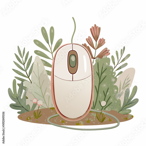 Illustration of a computer mouse surrounded by lush green foliage and plants symbolizing the connection between technology and nature in a harmonious blend.