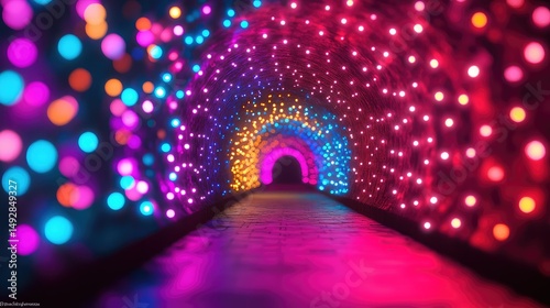Fototapeta Naklejka Na Ścianę i Meble -  A vibrant, colorful tunnel with glowing lights.  The path leads to a dark end