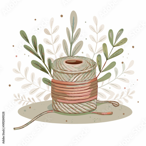 A whimsical illustration of a spool of yarn wrapped in light and dark tones, surrounded by delicate green and beige foliage, evoking creativity and natural harmony.
