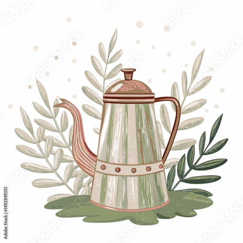 Vintage Coffee Pot Amidst Greenery: A Tranquil Still Life Illustration with Soft Pastel Colors and Leafy Background Representing Rustic Charm and Relaxation.