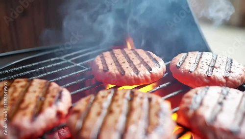 Juicy Burger Patties Grilling Over an Open Flame