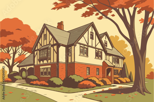 58 tudor revival style house, ornate facade, gabled roof, half-timbered detailing, brick and stucco construction, landscaped yard, autumn foliage, residential neighborhood