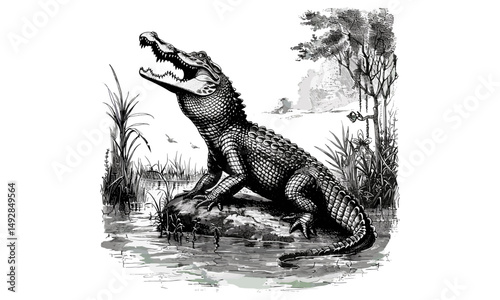 Antique Crocodile Engraving, Monochrome Wildlife Drawing, Retro Nature Etching, Vintage Reptile Line Art, Rustic Fauna Sketch, Old Wildlife Print