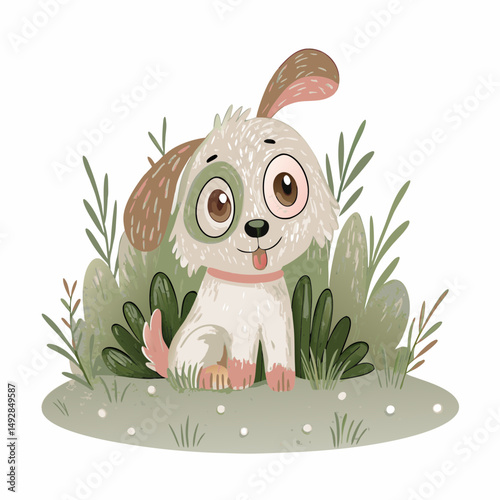 Adorable Cartoon Puppy Sitting Happily Among Green Plants, Illustrating Innocence and Playfulness in a Whimsical Garden Setting