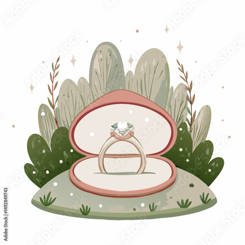 Exquisite Diamond Engagement Ring in Elegant Box Amidst Lush Greenery Symbolizing Love, Commitment, and the Beginning of a Beautiful Journey Together