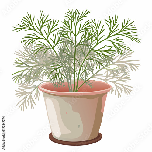 Illustration of a Lush Dill Plant in a Clay Pot Symbolizing Culinary Freshness and Herbal Growth Indoors, Ideal for Kitchen Gardens and Home Décor Enthusiasts