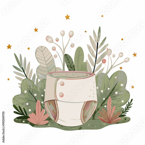 Eco-Friendly Cloth Diaper Surrounded by Lush Greenery and Golden Stars, Symbolizing Sustainable Parenting and Connection with Nature