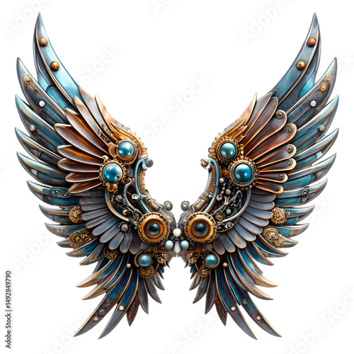 Steampunk Wings A Digital Rendering of Ornate Mechanical Wings isolated on transparent background