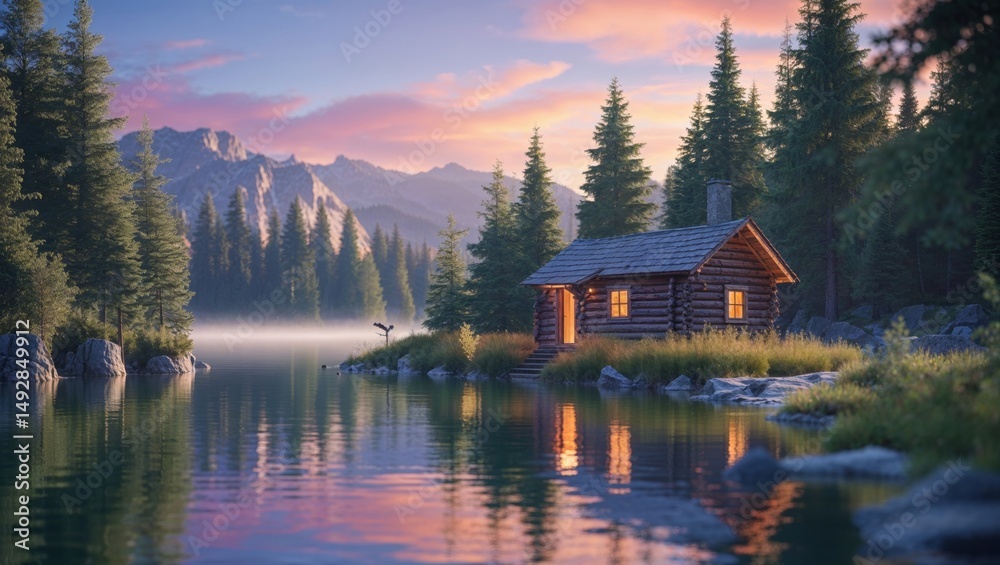 Naklejka premium Secluded log cabin on a tranquil lake at sunset. Warm light glows from inside, creating a peaceful atmosphere. Perfect for a relaxing getaway.