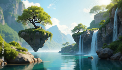 Floating island with a tree near waterfalls in a tranquil landscape  
