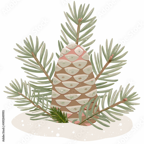 Illustration of a Pine Cone and Branches in Snow, Symbolizing Winter Tranquility and Nature's Beauty with Soft Green Needles and Delicately Layered Scales.