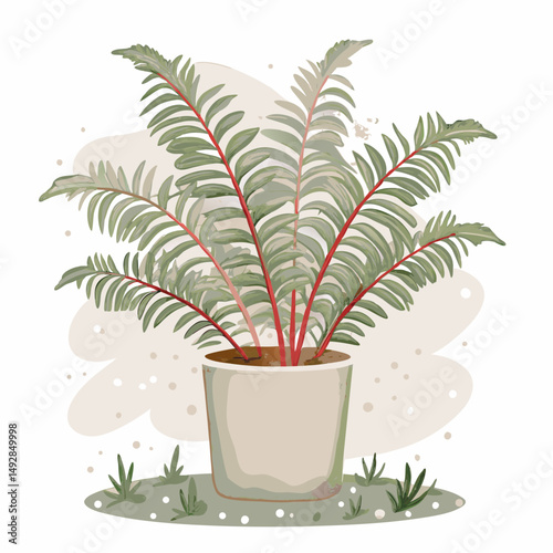 Illustration of a lush potted plant with delicate green leaves accented by vibrant red stems, set against a simple background, symbolizing growth and nature's elegance in a home setting.