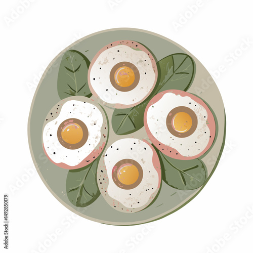 Illustration of a breakfast plate with four sunny-side-up eggs on a bed of fresh spinach leaves, symbolizing a healthy and organic morning meal.