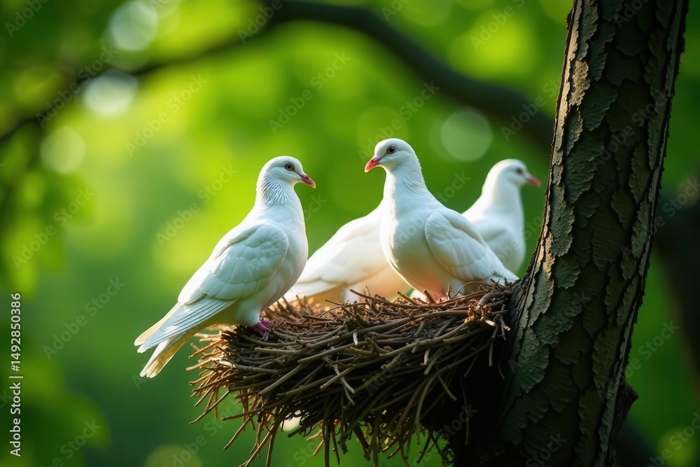 Fototapeta premium Several white pigeons roosting in a tree's crown , freedom, sky