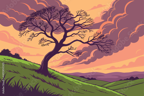59 a single lone tree on a hill overlooking a valley, dramatic sunset sky, lush green grass, fantastical, surreal, digital art, 8k resolution, vivid colors, cinematic lighting, detailed landscape, dre