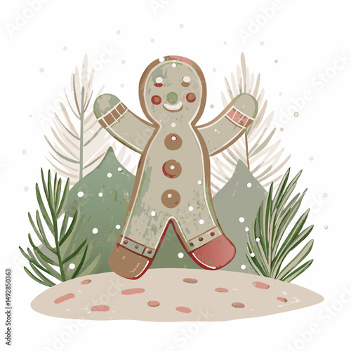 Whimsical Gingerbread Man in Winter Wonderland with Snowflakes and Pine Trees Captures Festive Holiday Spirit and Joyful Christmas Atmosphere