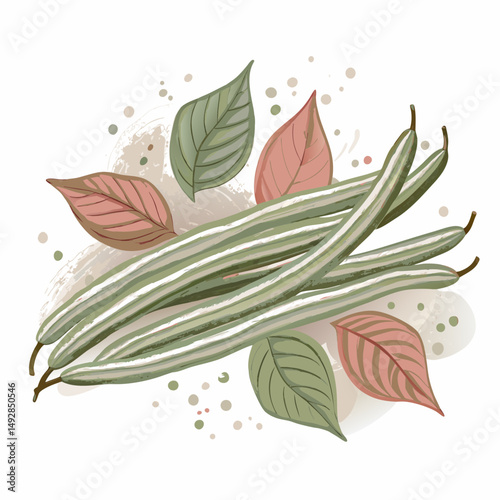 Artistic depiction of cluster beans surrounded by colorful leaves on a textured background, symbolizing nature's bounty and seasonal harvest with an artistic and rustic charm.