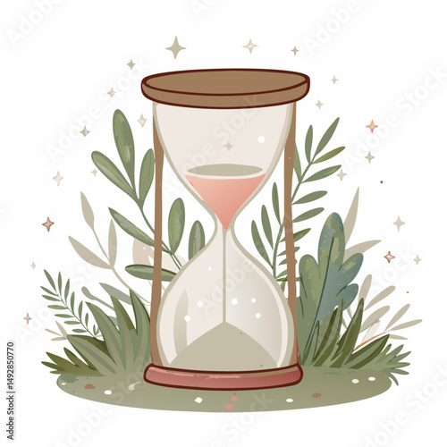 Whimsical Hourglass Illustration Surrounded by Soft Greenery and Stars Symbolizing the Passage of Time and the Harmony of Nature