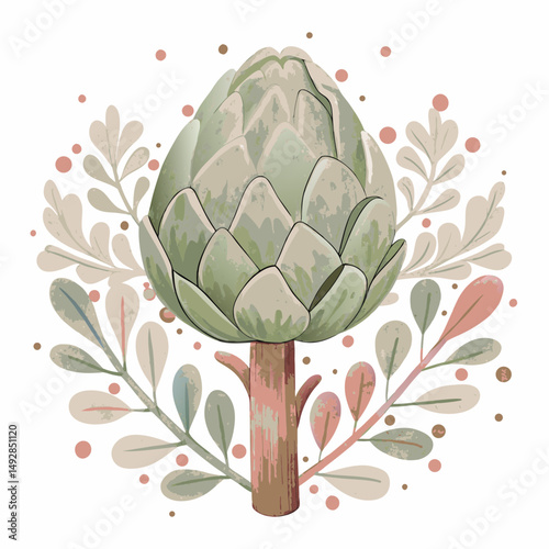 Whimsical Artichoke with Pastel Leaves and Dots in a Delicate Nature-Inspired Illustration Representing Freshness and Botanical Elegance