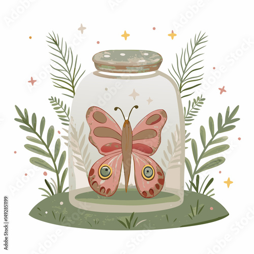 Butterfly in a Jar with Ferns Symbolizing Nature's Beauty and Captivity in a Whimsical Illustration with Stars and Earthy Greens for an Enchanting Atmosphere