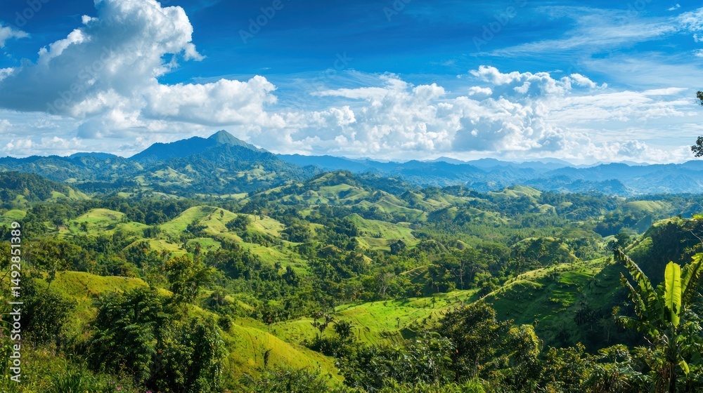 Obraz premium A vast mountain landscape with rolling hills, forests, and a deep blue sky