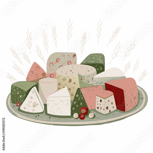 A colorful cheese platter illustration featuring an assortment of vibrantly patterned cheeses with olives and cranberries, evoking a sense of gourmet culinary indulgence.