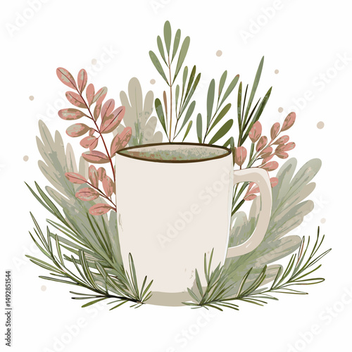A Cozy Mug Surrounded by Delicate Greenery and Soft Autumn Foliage, Capturing the Essence of Relaxation and Nature's Tranquility in a Peaceful Setting