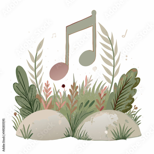 Musical Harmony in Nature: A Serene Illustration of a Musical Note Emerging from Lush Greenery, Symbolizing the Peaceful Connection Between Music and the Natural World