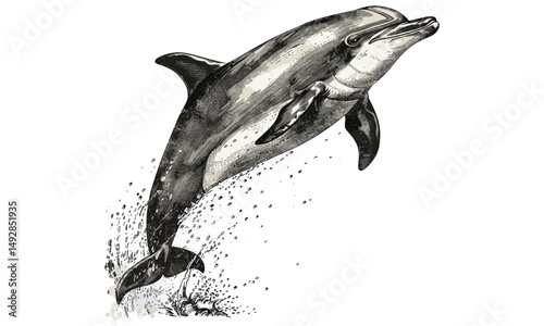 Antique Dolphin Engraving, Monochrome Marine Life Line Art, Vintage Ocean Creature Etching, Nautical Black Sketch, Wildlife Drawing