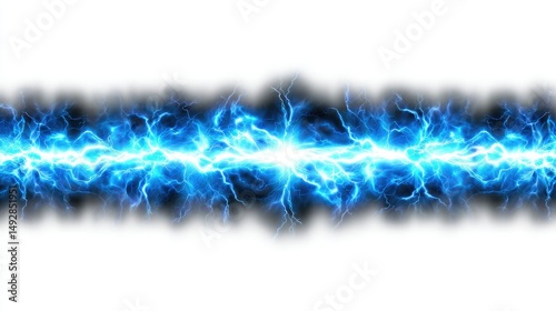Bright blue electric lightning bolts create a vivid, energetic horizontal line against a white background.
