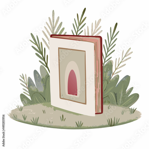 A beautifully illustrated book standing upright on grassy ground surrounded by lush foliage, symbolizing the blend of nature and literature for an inspiring reading experience.