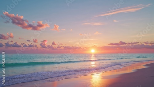 Serene sunset over a tranquil beach. Soft pastel colors paint the sky as the sun dips below the horizon, casting a warm glow on the sand and sea.