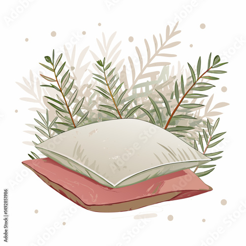 Cozy Cushions Amidst Lush Greenery: A Serene Illustration of Soft Pillows Resting Against a Backdrop of Verdant Leaves, Evoking Comfort and Natural Tranquility