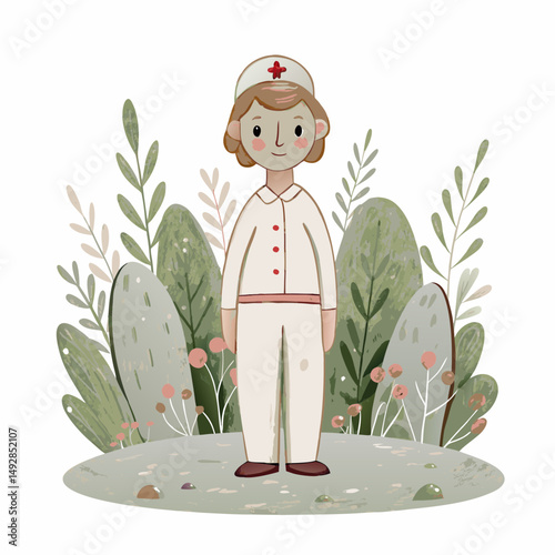 Charming Illustration of a Pediatric Nurse with Cheerful Expression, Wearing White Uniform and Nurse Cap, Surrounded by Lush Greenery and Delicate Flowers, Symbolizing Care and Compassion