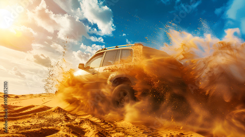 Off road vehicle driving through desert sand with blue sky and clouds in the background view