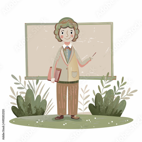 Charming Illustration of a Cheerful Teacher Holding a Book and Pointer in Front of a Blackboard Surrounded by Lush Greenery, Representing Knowledge and Nature in Harmony
