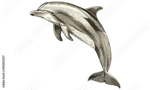 Detailed Dolphin Line Art, Monochrome Marine Life Illustration, Antique Wildlife Etching, Vintage Ocean Fauna Drawing, Nautical Black Sketch