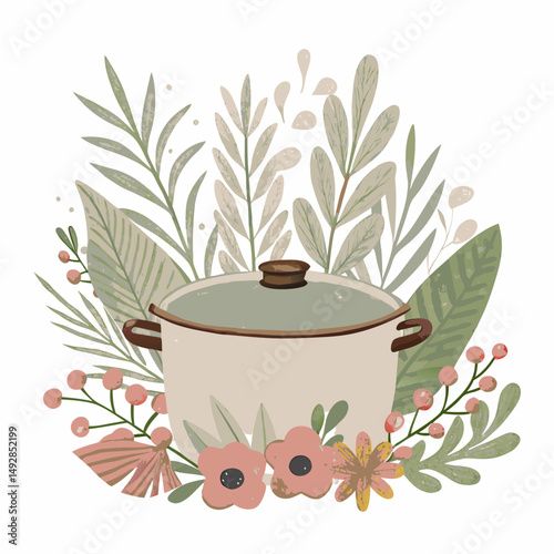A rustic cooking pot surrounded by vibrant greenery, berries, and flowers symbolizing the essence of natural cooking and the harmony of culinary and garden elements.