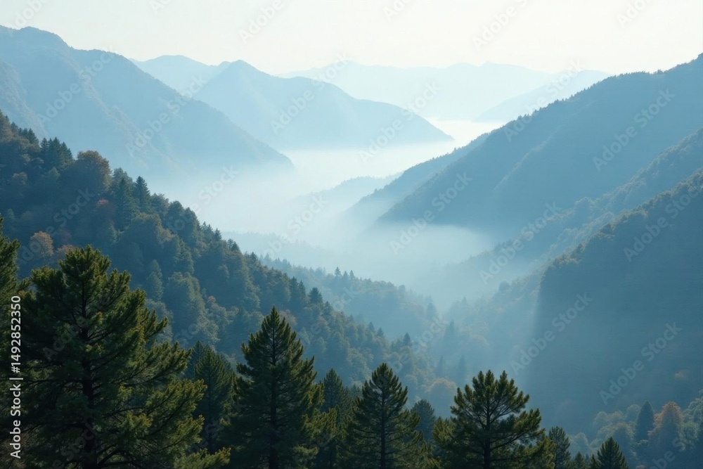 Fototapeta premium Thick fog shrouds valley, ancient trees barely visible, landscape, mist, mysterious